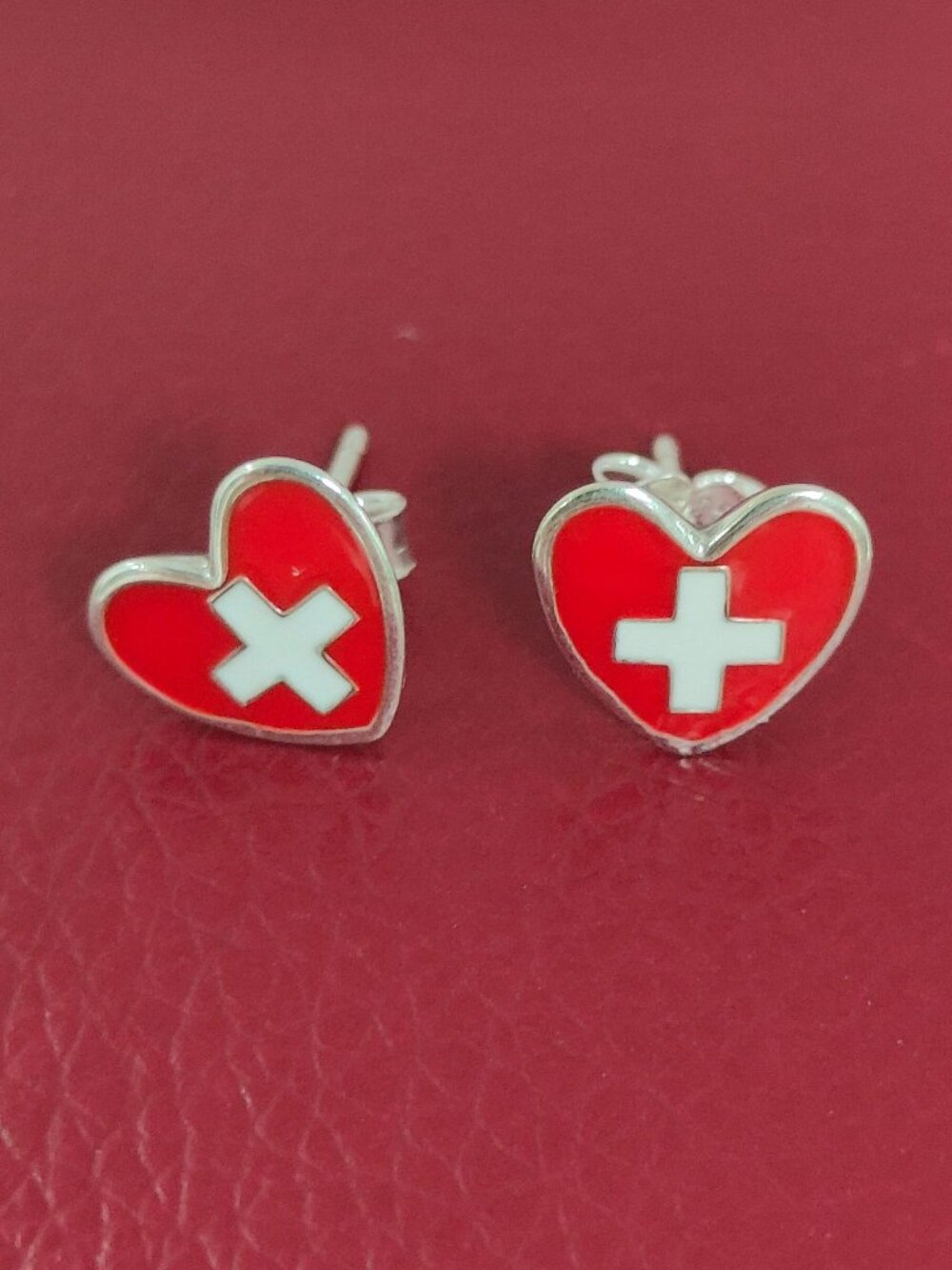 Switzerland Flag Heart Stud Earrings Women Jewelry Gift S925 Silver with box